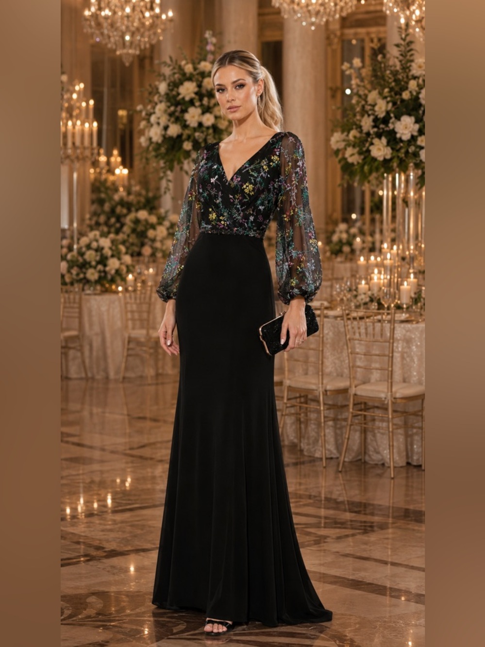 New Mac Duggal Embroidered Mesh Long Sleeve Column Gown Jersey Skirt 79379